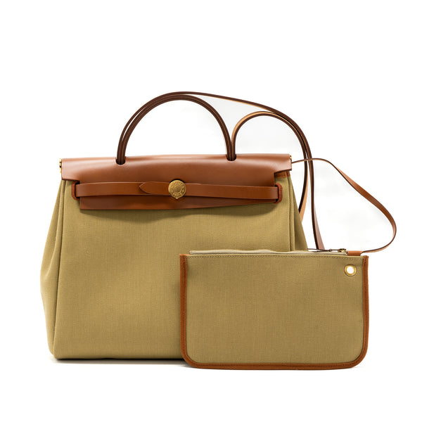 Hermes Herbag 31 Zip Bag Retourne Canvas/Vache Hunter Poussiere/Fauve GHW Stamp Y
