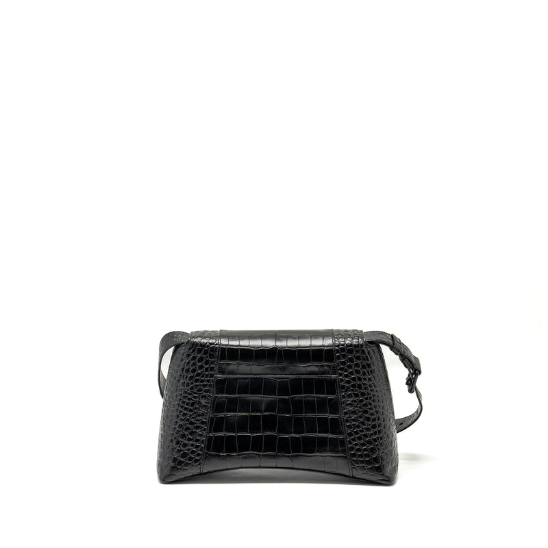 BALENCIAGA Limited Edition Downtown Small Shoulder Bag Croc-Embossed Calfskin Black with Black Hardware