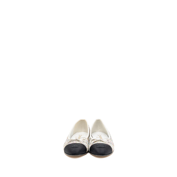 Chanel Size 37.5 23C Ballerinas Flat Shoes Glittered Fabric/Grosgrain White/Multicolour/Black