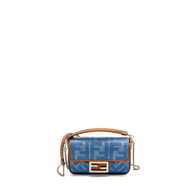Fendi Mini Baguette Denim Light Blue FF Embroidery SHW
