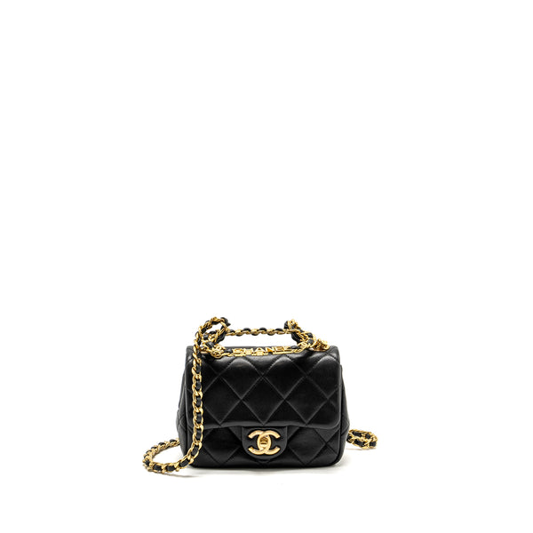 Chanel 23c Round Handle Mini Square Flap Bag Lambskin Black GHW (microchip)