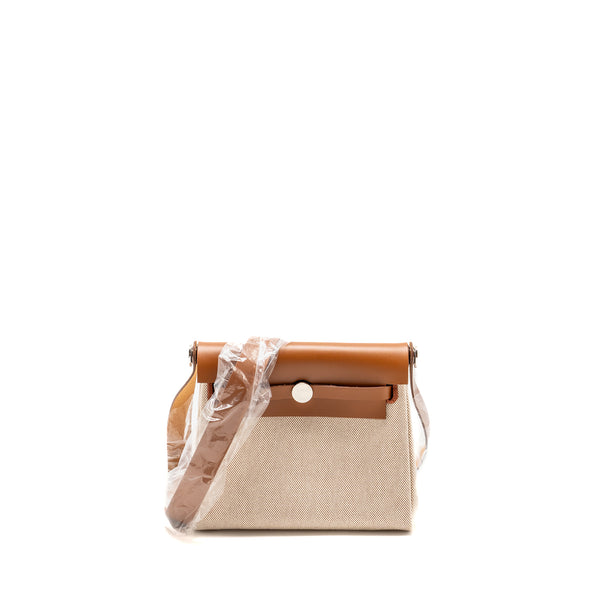 Hermes herbag mini canvas / hunter leather ecru-beige / fauve SHW stamp W