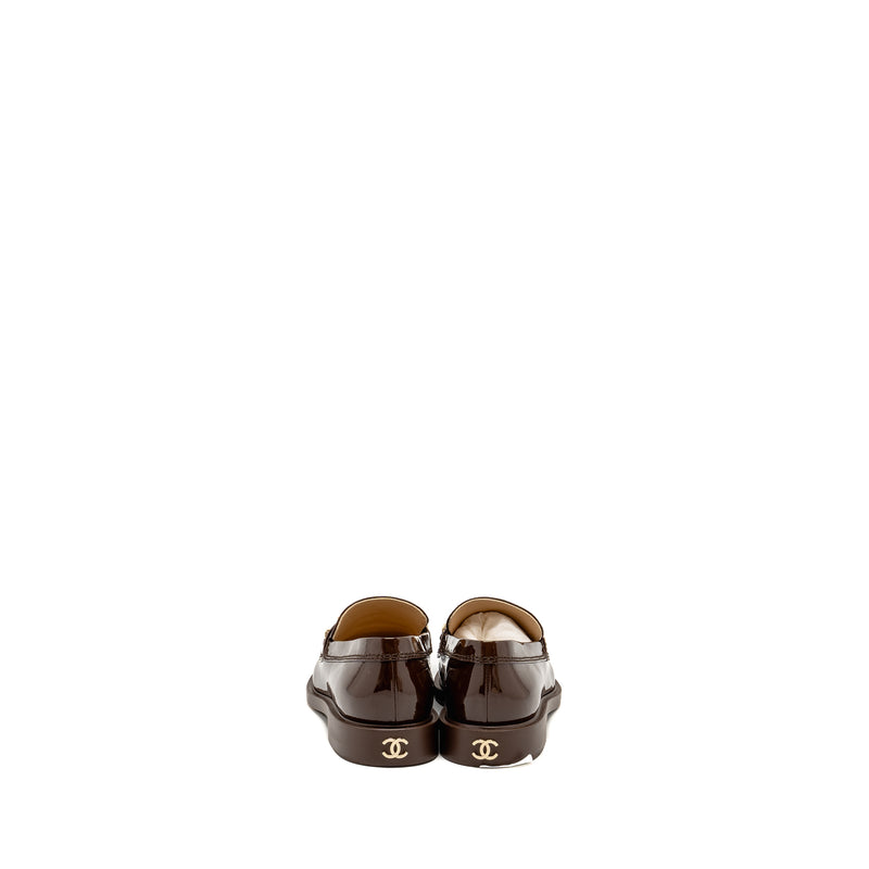 Chanel Size 40 Letter Logo Loafers Patent Calfskin Dark Brown LGHW