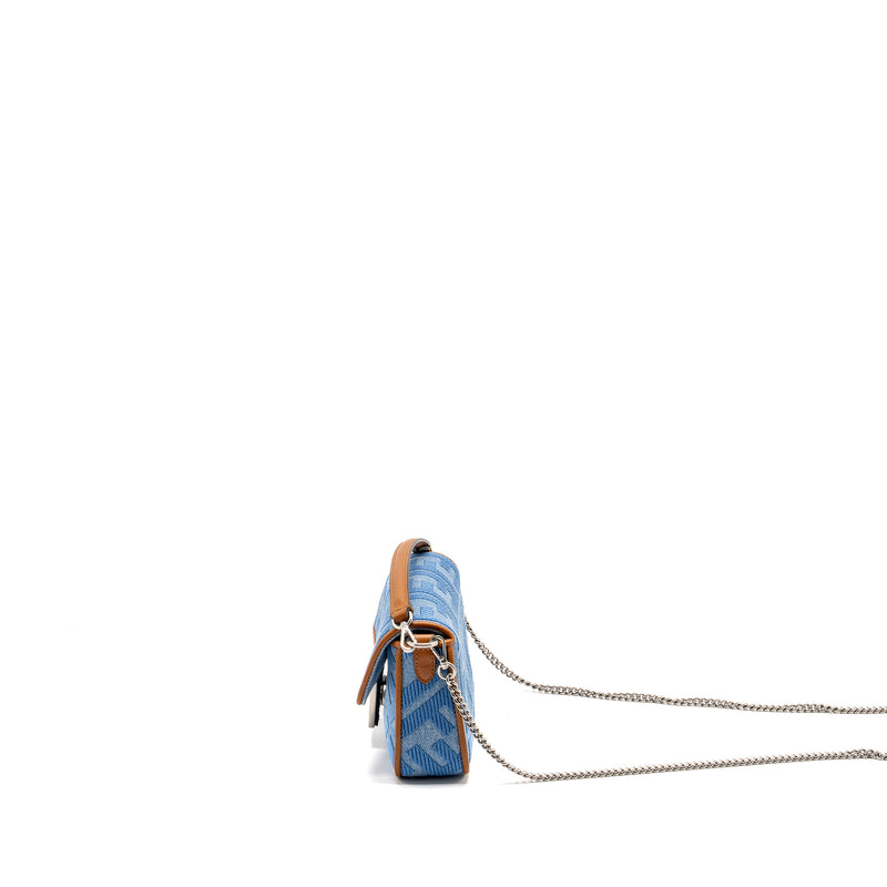 Fendi Mini Baguette Denim Light Blue FF Embroidery SHW