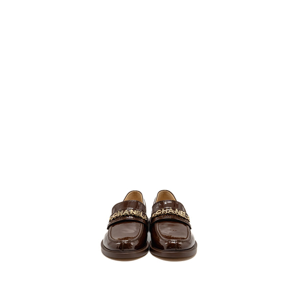 Chanel Size 40 Letter Logo Loafers Patent Calfskin Dark Brown LGHW
