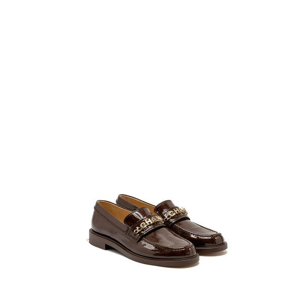 Chanel Size 40 Letter Logo Loafers Patent Calfskin Dark Brown LGHW