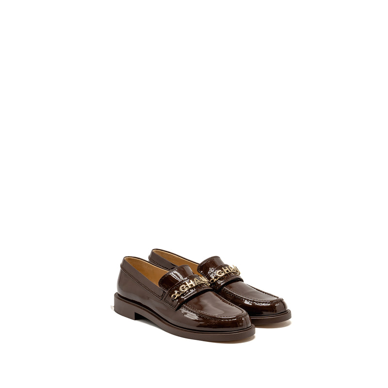 Chanel Size 40 Letter Logo Loafers Patent Calfskin Dark Brown LGHW