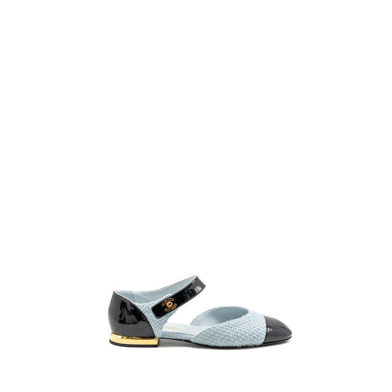 Chanel Size 39 21K Ballerinas Flat Shoes Tweed/Patent Calfskin Light Blue/ Black GHW