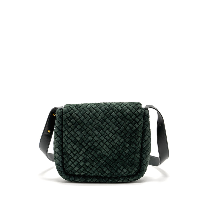 Bottega Veneta Cobble Messenger Bag Intrecciato-Woven Padded Suede Dark Green GHW