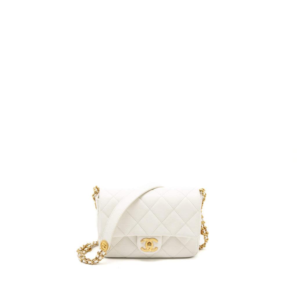 Chanel 22A Small Flap Bag Button on Chain Caviar White Brushed GHW (Mi