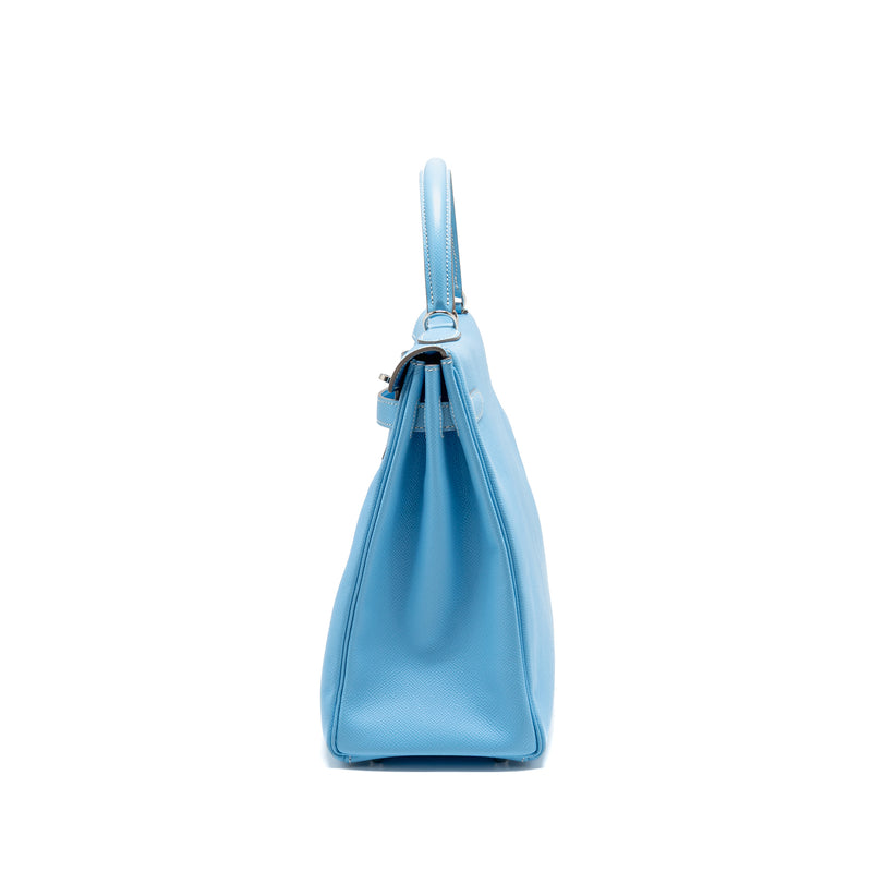 Hermes Kelly 35 Epsom 7N Blue Celeste SHW Stamp Square O