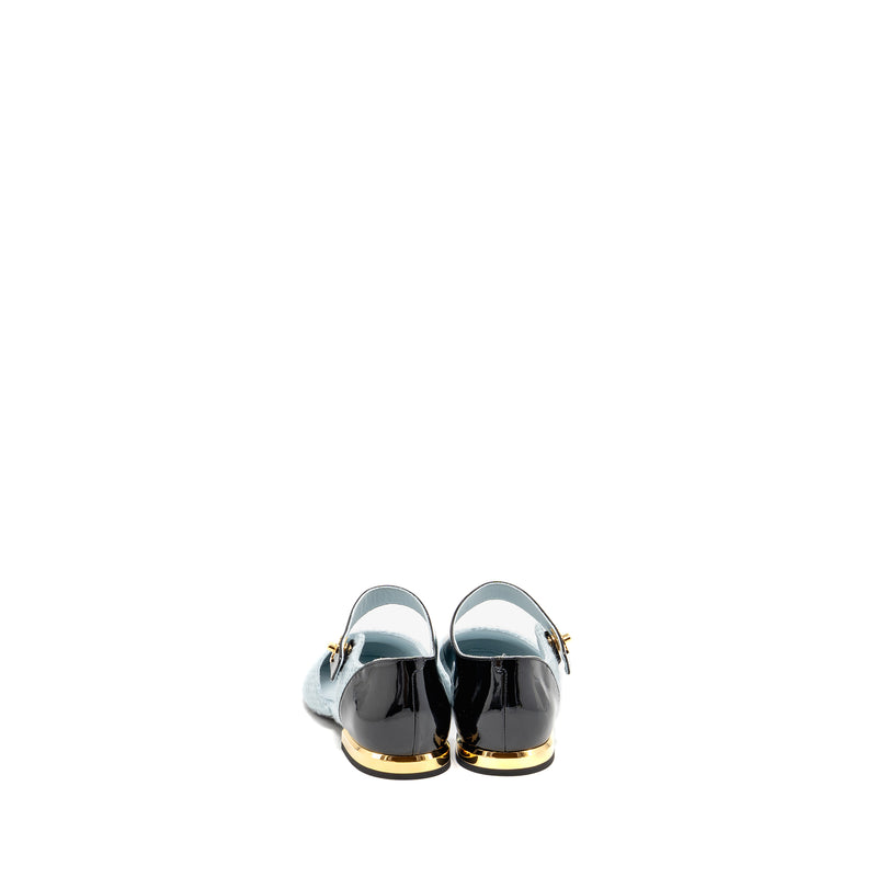 Chanel Size 39 21K Ballerinas Flat Shoes Tweed/Patent Calfskin Light Blue/ Black GHW