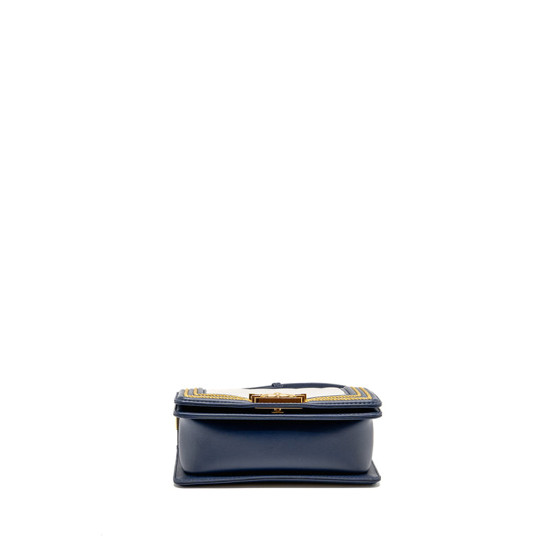 Chanel Small Chevron Boy Bag Calfskin White/Navy GHW