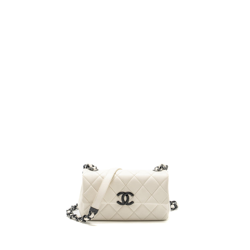 Chanel My Everything Mini Flap Bag Quilted Caviar White Black Hardware