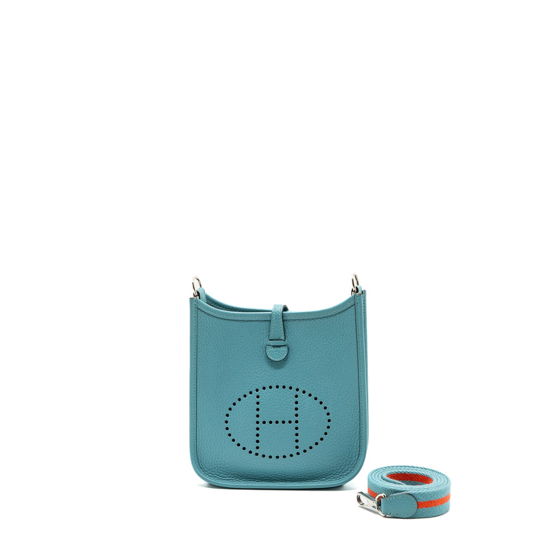 Hermes mini evelyne clemence blue saint cyr with multicolor strap SHW stamp T