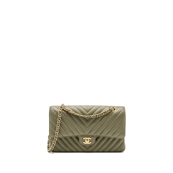 Chanel Medium Classic Double Flap Bag Chevron Calfskin Green GHW