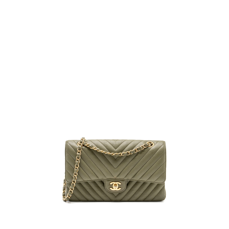 Chanel Medium Classic Double Flap Bag Chevron Calfskin Green GHW