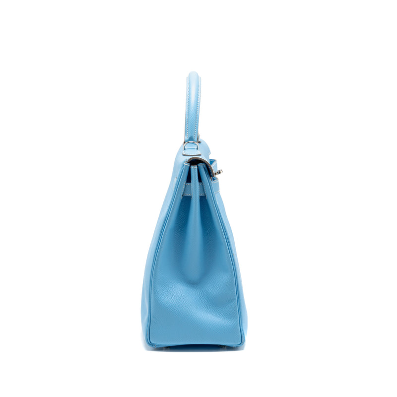 Hermes Kelly 35 Epsom 7N Blue Celeste SHW Stamp Square O