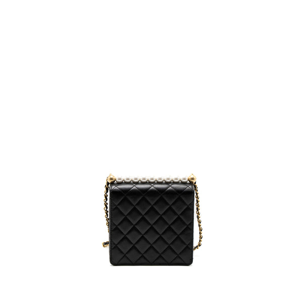 Chanel Square Pearl Flap Bag Lambskin Black Brushed GHW
