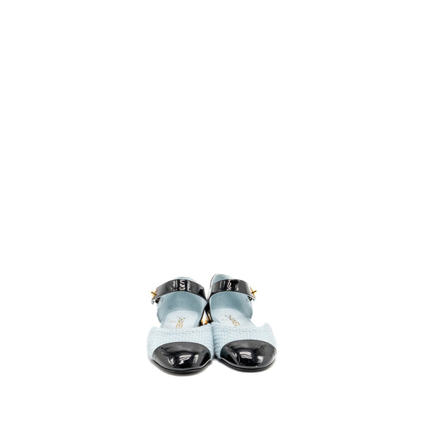 Chanel Size 39 21K Ballerinas Flat Shoes Tweed/Patent Calfskin Light Blue/ Black GHW