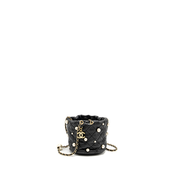 CHANEL 21S Quilted Mini About Pearls Bucket Bag Lambskin Black LGHW