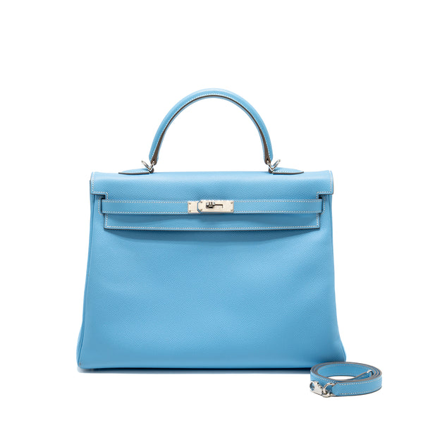 Hermes Kelly 35 Epsom 7N Blue Celeste SHW Stamp Square O