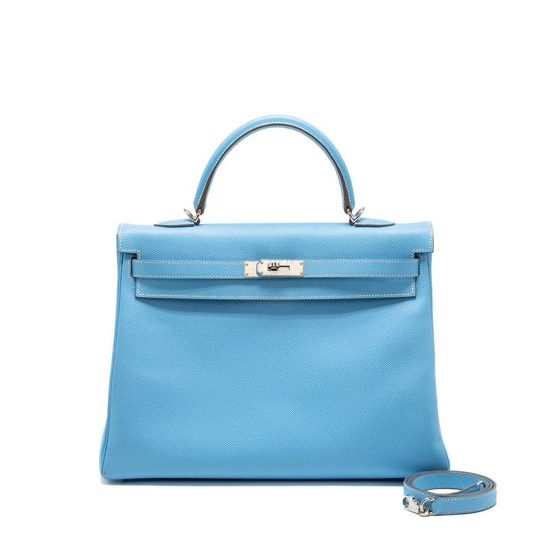 Hermes Kelly 35 Epsom 7N Blue Celeste SHW Stamp Square O