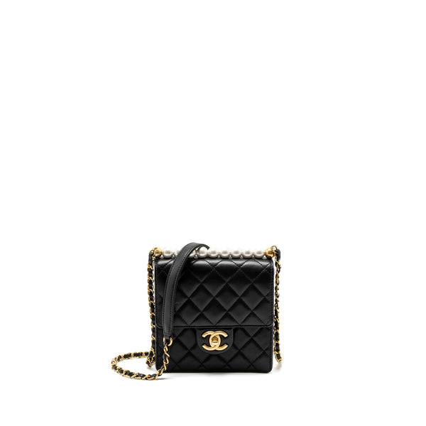Chanel Square Pearl Flap Bag Lambskin Black Brushed GHW