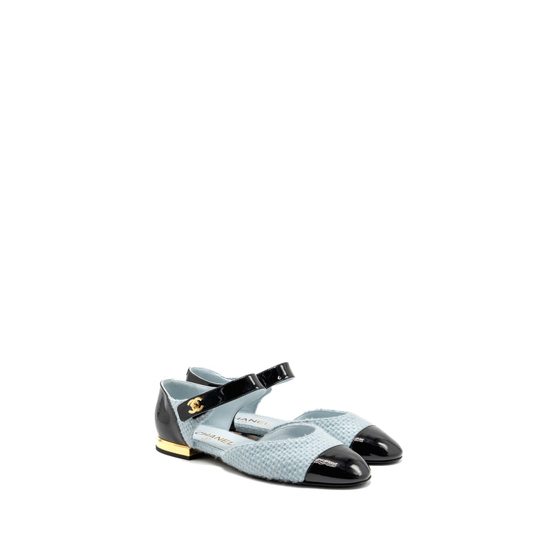 Chanel Size 39 21K Ballerinas Flat Shoes Tweed/Patent Calfskin Light Blue/ Black GHW