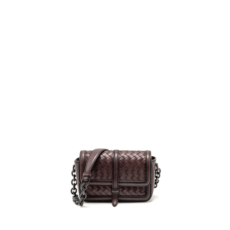 Bottega Veneta Mini Intrecciato Flap Bag Leather Dark Brown with Black Hardware
