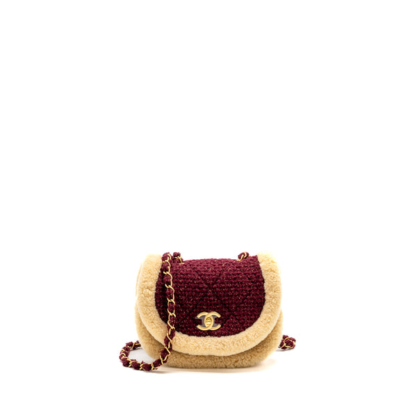 Chanel 22K Mini Messenger Flap Bag Shearling/Tweed Burgundy/Beige GHW (Microchip)