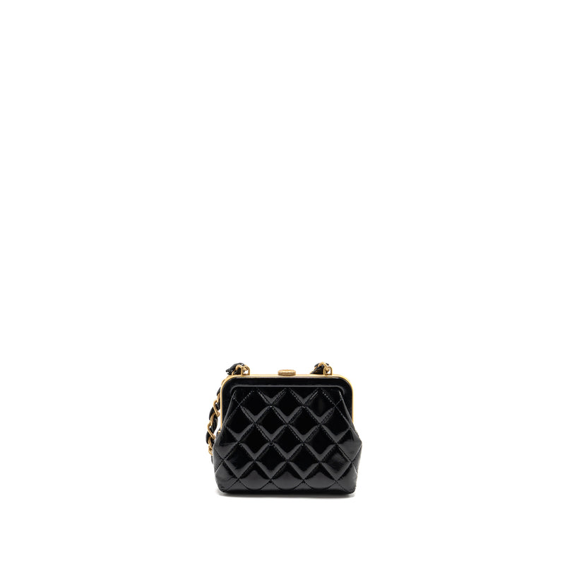 Chanel 24A bow knot clutch with chain patent crumpled lambskin / shiny lambskin black / pink GHW (microchip)