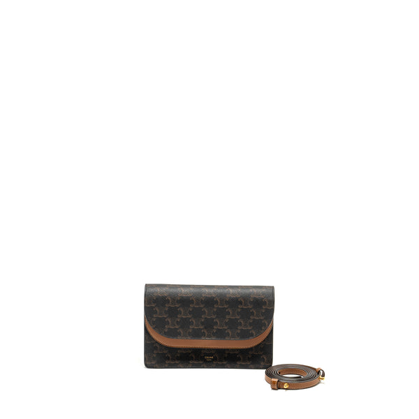 Celine Wallet on Strap Triomphe Canvas/Smooth Lambskin Tan GHW