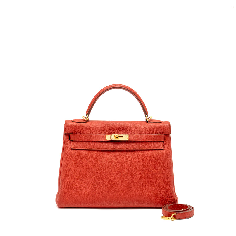 Hermes Kelly 32 Togo 5E Vermillion GHW Stamp Square Q