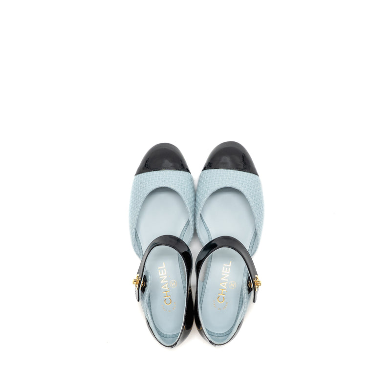 Chanel Size 39 21K Ballerinas Flat Shoes Tweed/Patent Calfskin Light Blue/ Black GHW