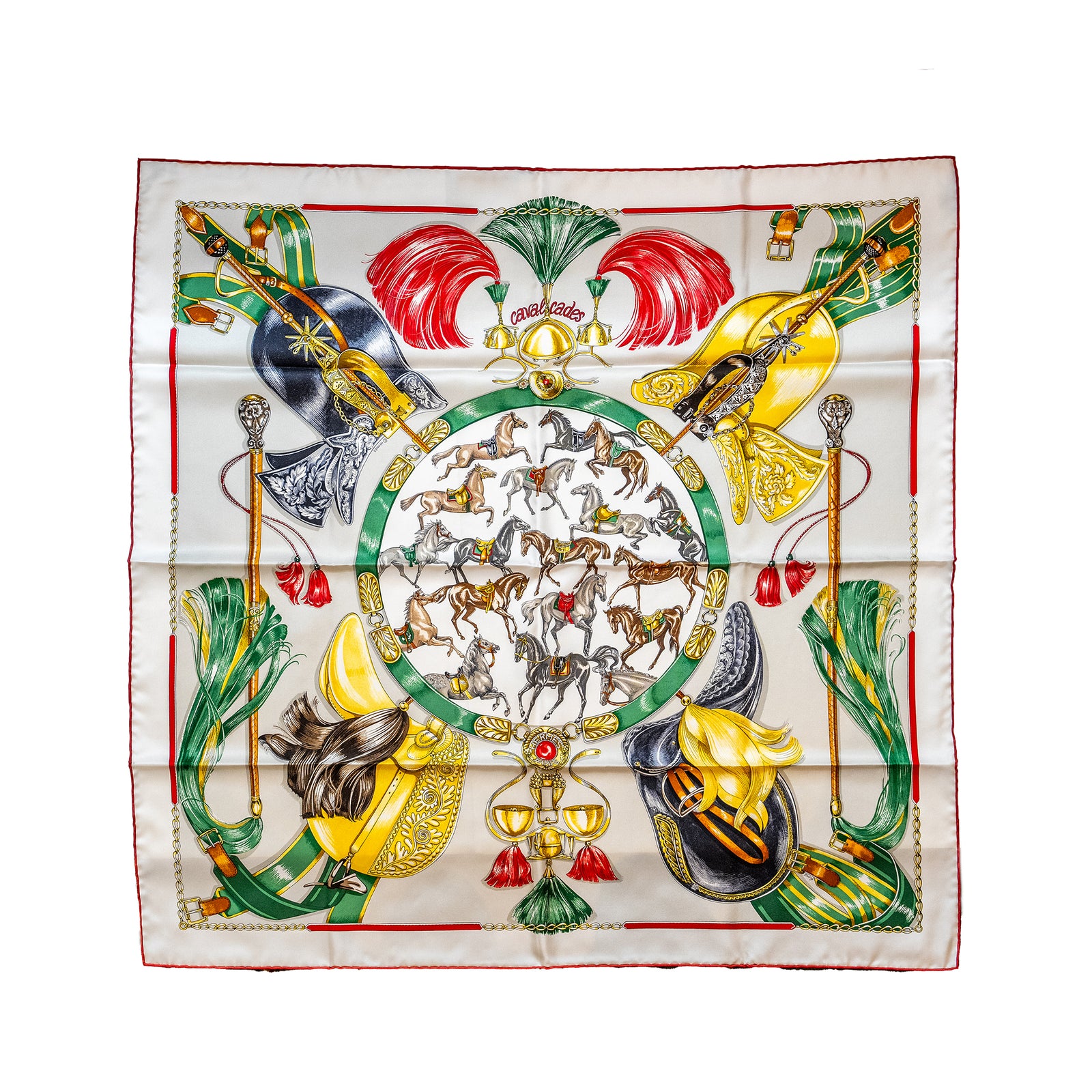Hermes Carre 90 Cavalcades Scarf Silk Caramel Rouge Vert New