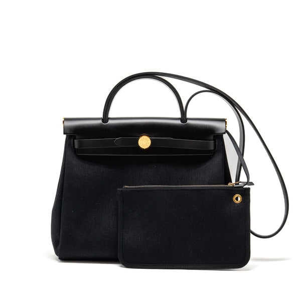 Hermes Herbag 31 Zip Bag Canvas/Hunter Leather Black GHW Stamp B