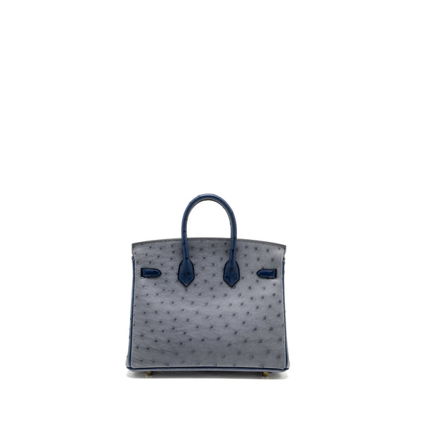 Hermes Birkin 25 Special Order Ostrich Gris Agate/Blue Iris LGHW Stamp D