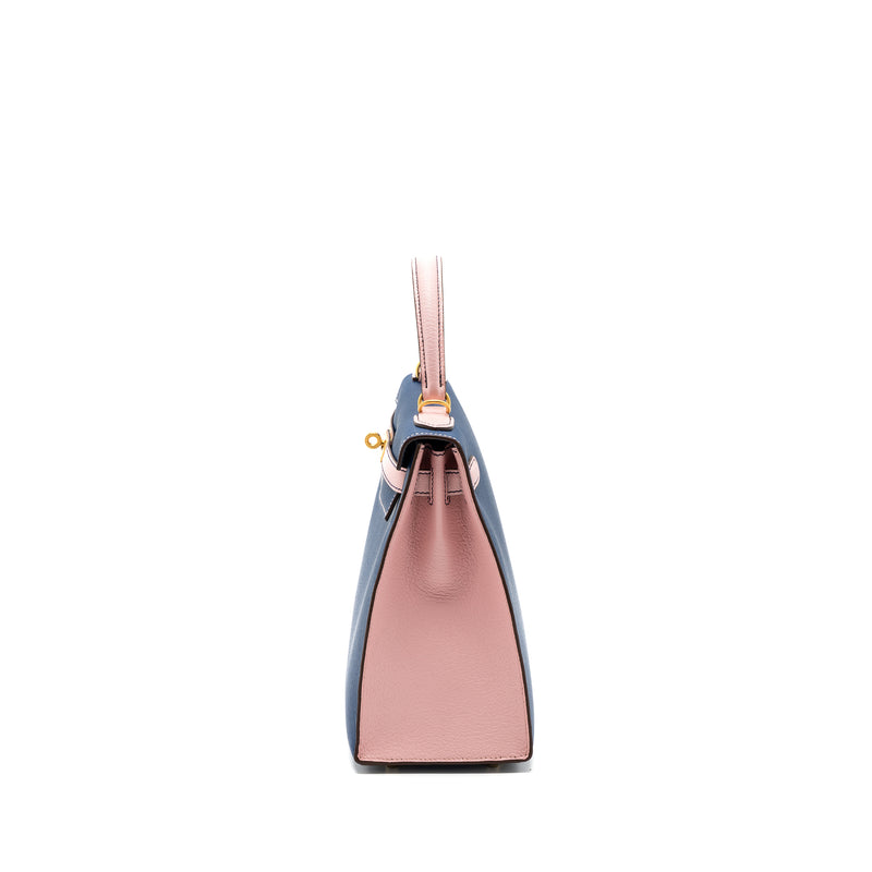Hermes kelly 28 special order chevre mysore blue sapphire / rose sakura brushed GHW stamp C