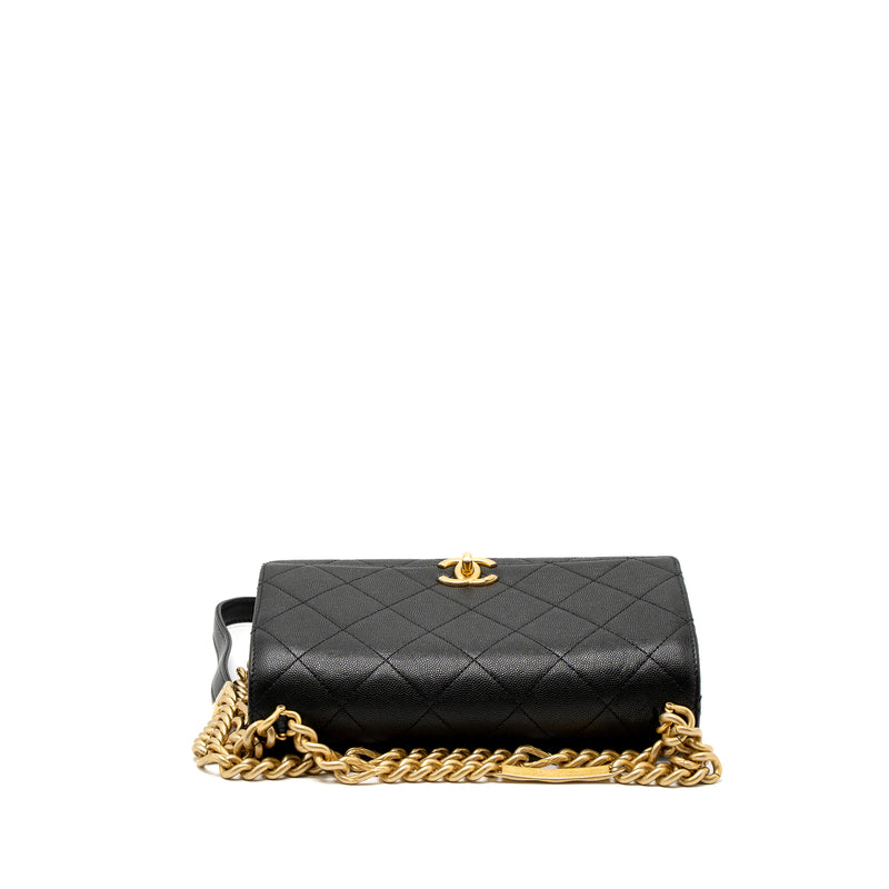 Chanel Flap Bag With Detail Chain Grained Calfskin Black Brushed GHW (Microchip)