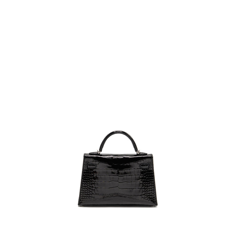 Hermes Mini Kelly II Shiny Alligator Mississippiensis Black SHW Stamp W