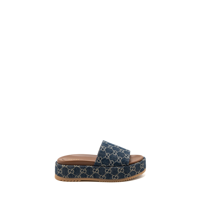 Gucci Size 38 Platform Slide Sandals GG Supreme Blue Denim