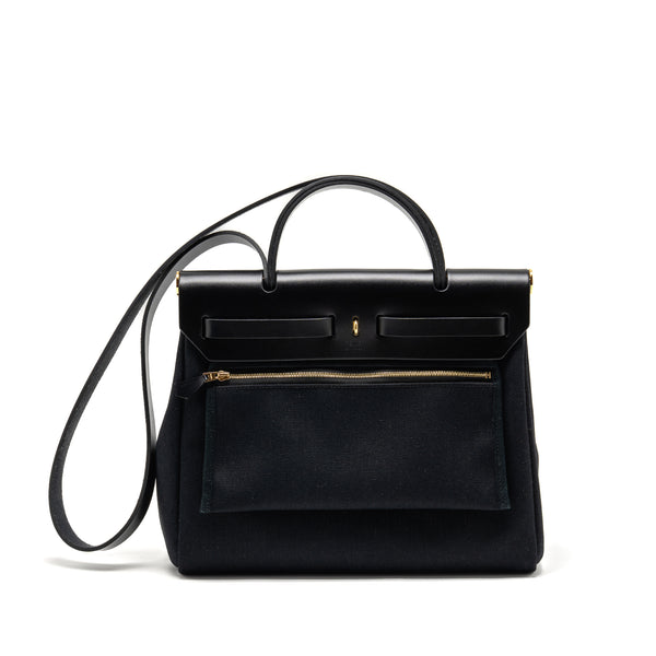 Hermes Herbag 31 Zip Bag Canvas/Hunter Leather Black GHW Stamp B