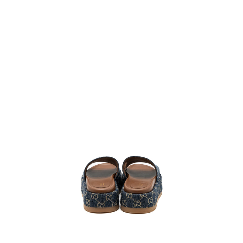 Gucci Size 38 Platform Slide Sandals GG Supreme Blue Denim