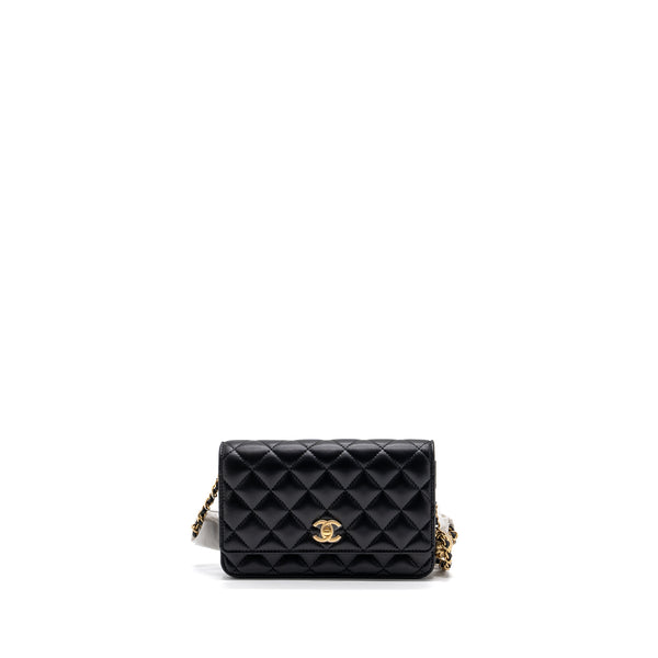 Chanel 23k Pearl Crush Wallet On Chain Lambskin Black GHW (Microchip)