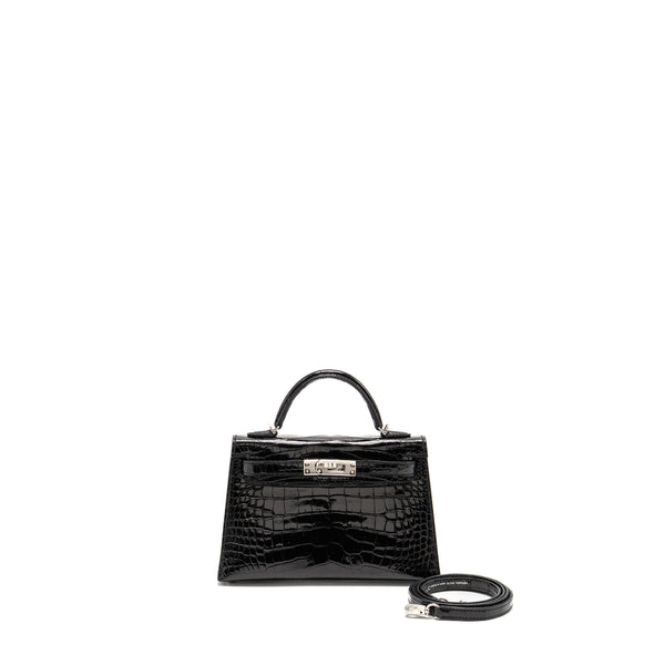 Hermes Mini Kelly II Shiny Alligator Mississippiensis Black SHW Stamp W