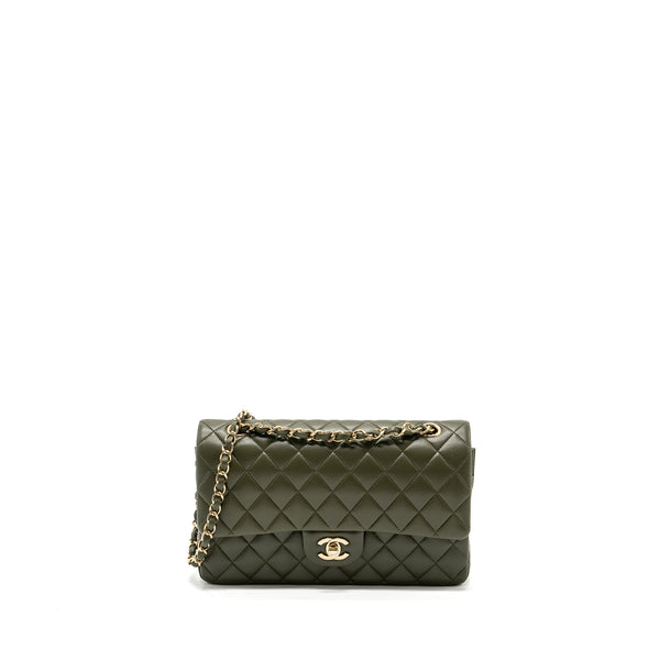 Chanel 22k Medium Classic Double Flap Bag Lambskin Olive Green LGHW(Microchip)