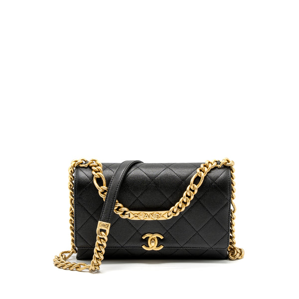 Chanel Flap Bag With Detail Chain Grained Calfskin Black Brushed GHW (Microchip)