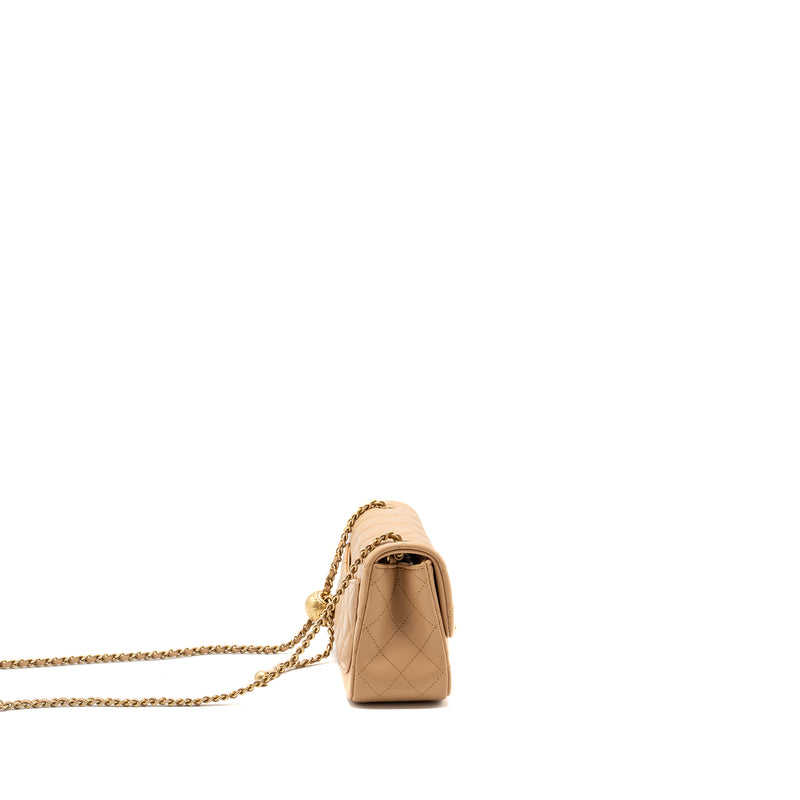 Chanel 23K Pearl Crush Mini Square Flap Bag Lambskin Beige GHW (Microchip)