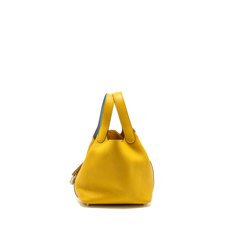 Hermes Picotin 18 Lock Bag Clemence 9D Jaune Amber / P3 Blue Du Nord SHW Stamp C